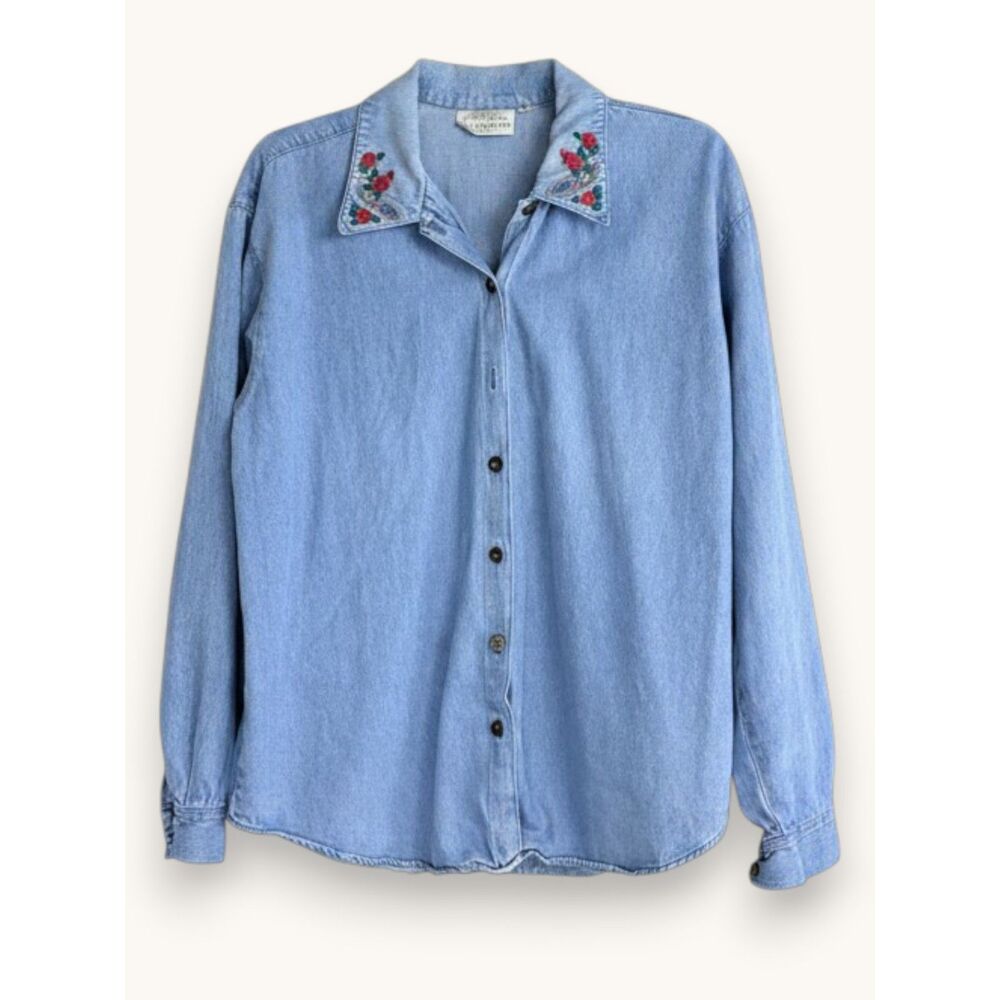Vintage Susan Bristol Embroidered Denim Shirt Women's Blue 100% Cotton